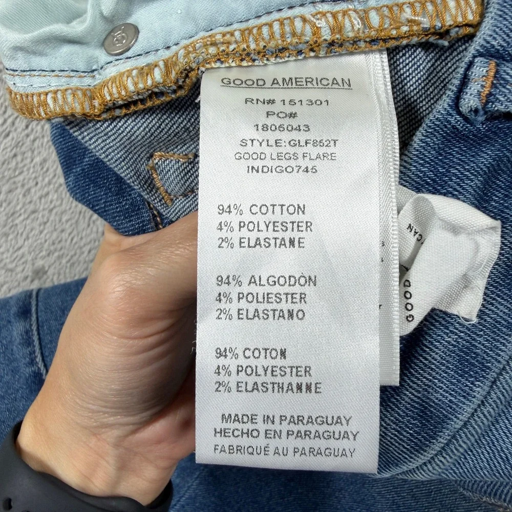 Good American Good Legs Flare Jeans Women 0/25 Blue Mid Rise Distressed NWT